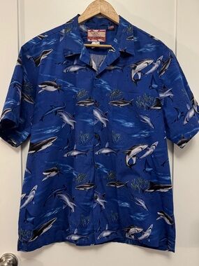 RJC Men's Shark AOP Hawaiian Blue Print Shirt USA coconut buttons XL